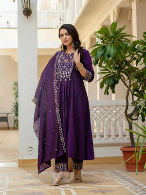 Hanch Viscose Roman Silk Embroidered Anarkali Kurti Set – Purple