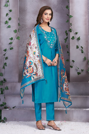 Hanch Premium Marina Silk Embroidered Straight Kurti Set – Firozi