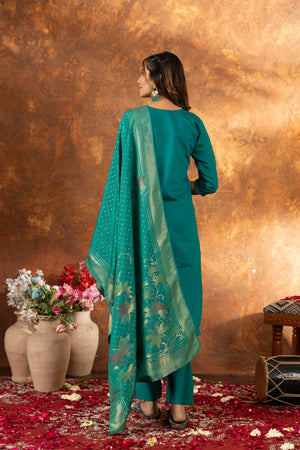 Hanch Marina Silk Embroidered Straight Kurti Set – Rama Green
