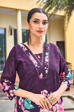 Hanch Pure Cotton Printed Co-Ords Set – Purple