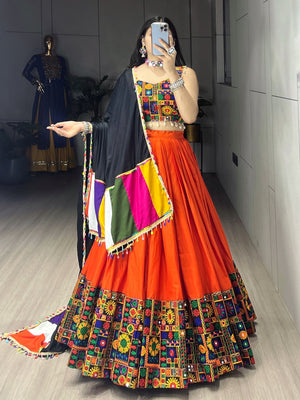 Hanch Navratri Orange Gamthi Mirror Work Lehenga Set