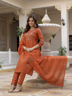 Hanch Pure Viscose Mango Silk Embroidered Straight Kurti Set – Rust