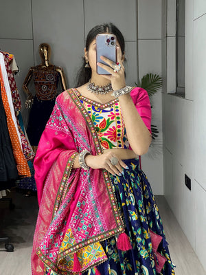 Hanch Navratri Navy Blue Floral Dola Lehenga Set - Blouse Unstitched