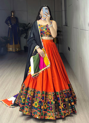 Hanch Navratri Orange Gamthi Mirror Work Lehenga Set