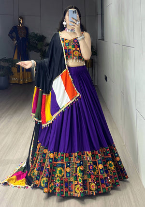 Hanch Navratri Purple Gamthi Mirror Work Lehenga Set