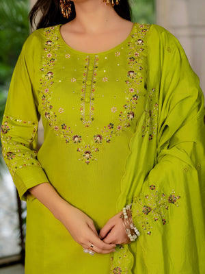 Hanch Marina Silk Embroidered Straight Kurti Set – Parrot Green
