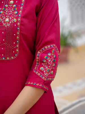 Hanch Pure Viscose Mango Silk Embroidered Straight Kurti Set – Pink