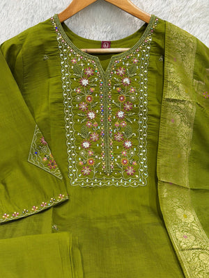 Hanch Pure Viscose Mango Silk Embroidered Straight Kurti Set – Mehndi