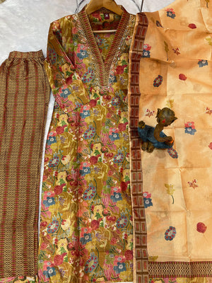 Hanch Zarna Silk Embroidered Straight Kurti Set – Cocoa Brown