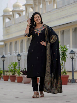 Hanch Premium Roman Silk Embroidered Straight Kurti Set – Black