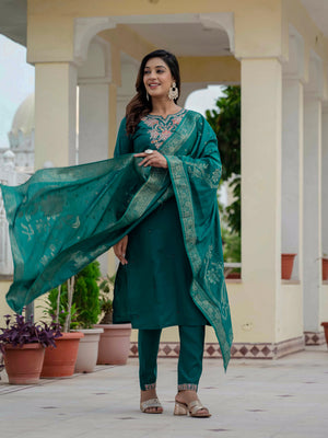 Hanch Premium Roman Silk Embroidered Straight Kurti Set – Rama Green