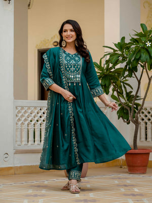 Hanch Viscose Roman Silk Embroidered Anarkali Kurti Set – Teal