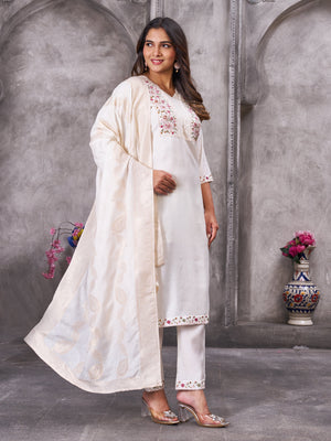 Hanch Roman Silk Embroidered Straight Kurti Set – White