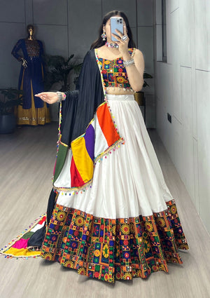 Hanch Navratri White Gamthi Mirror Work Lehenga Set