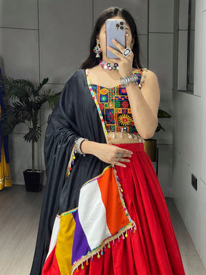 Hanch Navratri Red Gamthi Mirror Work Lehenga Set