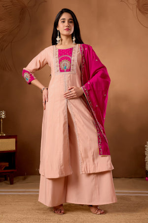 Hanch Roman Silk Embroidered Anarkali Kurti Set – Peach