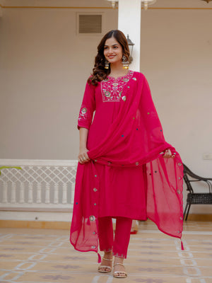 Hanch Pure Viscose Mango Silk Embroidered Straight Kurti Set – Pink