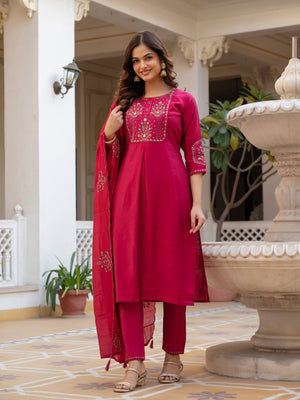 Hanch Pure Viscose Mango Silk Embroidered Straight Kurti Set – Pink