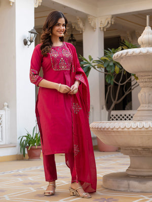 Hanch Pure Viscose Mango Silk Embroidered Straight Kurti Set – Pink