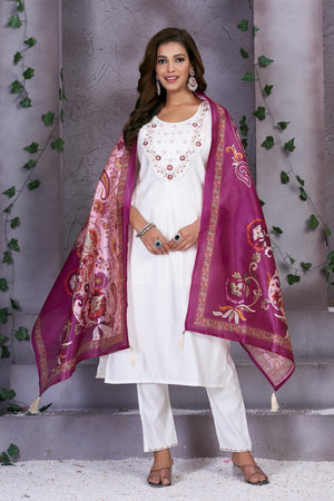 Hanch Premium Marina Silk Embroidered Straight Kurti Set – White