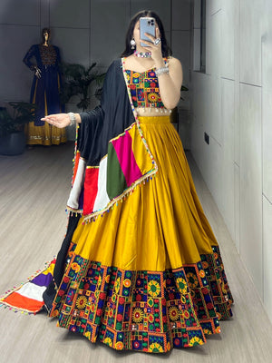 Hanch Navratri Mustard Gamthi Mirror Work Lehenga Set