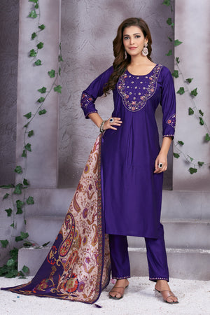 Hanch Premium Marina Silk Embroidered Straight Kurti Set – Violet