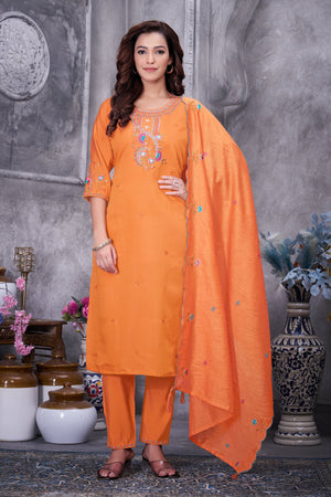 Hanch Roman Silk Embroidered Straight Kurti Set – Orange