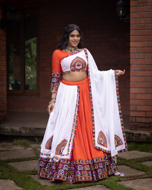Hanch Navratri Orange White Arches Patch Work Lehenga Set