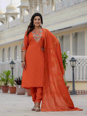 Hanch Premium Roman Silk Embroidered Straight Kurti Set – Orange