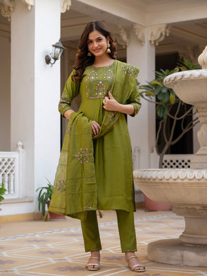 Hanch Pure Viscose Mango Silk Embroidered Straight Kurti Set – Mhendi Green