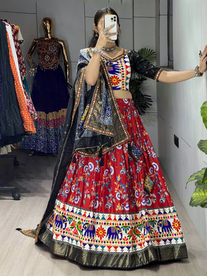 Hanch Navratri Red Floral Dola Lehenga Set - Blouse Unstitched