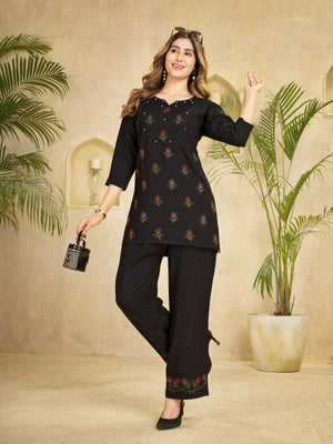 Hanch Heavy Rayon Embroidered Co-Ords Set – Black