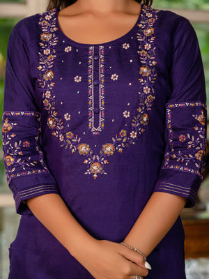 Hanch Marina Silk Embroidered Straight Kurti Set – Violet