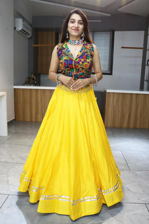 Hanch Navratri Yellow Rayon Cotton Lehenga Set
