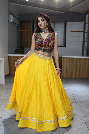 Hanch Navratri Yellow Rayon Cotton Lehenga Set