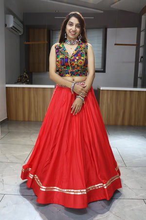 Hanch Navratri Red Rayon Cotton Lehenga Set