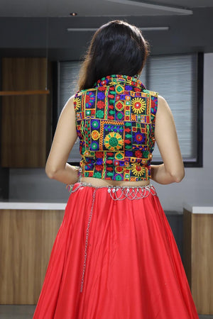 Hanch Navratri Red Rayon Cotton Lehenga Set