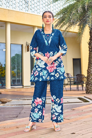 Hanch Pure Cotton Printed Co-Ords Set – Blue