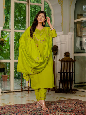 Hanch Marina Silk Embroidered Straight Kurti Set – Parrot Green