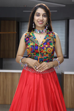 Hanch Navratri Red Rayon Cotton Lehenga Set