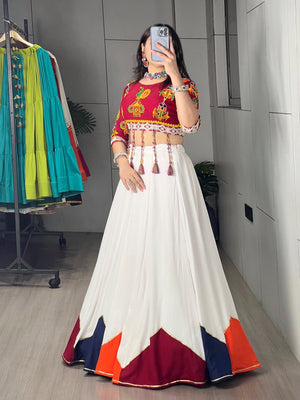 Hanch Navratri White Maroon Gauri Lehenga Set