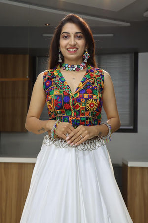 Hanch Navratri White Rayon Cotton Lehenga Set