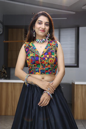 Hanch Navratri Black Rayon Cotton Lehenga Set