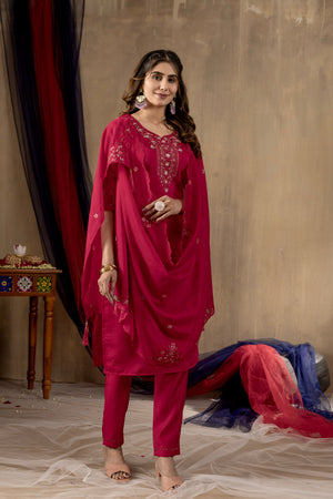 Hanch Roman Silk Embroidered Straight Kurti Set – Rani Pink