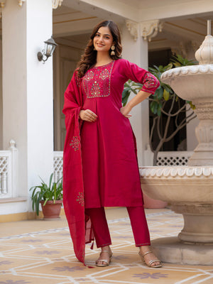 Hanch Pure Viscose Mango Silk Embroidered Straight Kurti Set – Pink