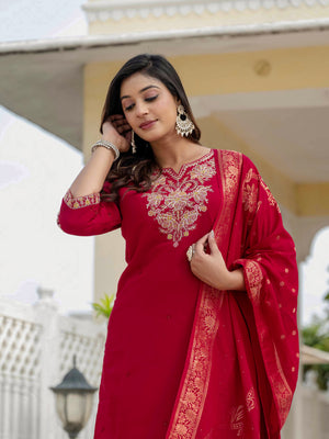 Hanch Premium Roman Silk Embroidered Straight Kurti Set – Maroon