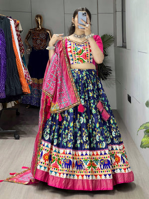Hanch Navratri Navy Blue Floral Dola Lehenga Set - Blouse Unstitched