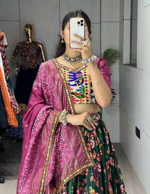 Hanch Navratri Green Floral Dola Lehenga Set - Blouse Unstitched