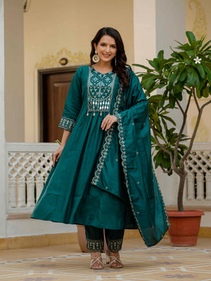 Hanch Viscose Roman Silk Embroidered Anarkali Kurti Set – Teal