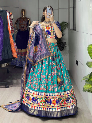 Hanch Navratri Firozi Floral Dola Lehenga Set - Blouse Unstitched